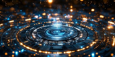 Poster - Digital abstract landscape with glowing particles and concentric circular patterns creates a futuristic atmosphere in a tech-inspired environment