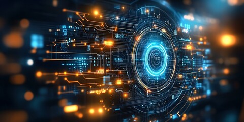 Poster - Visual representation of futuristic technology with glowing circuits and data patterns in a digital environment