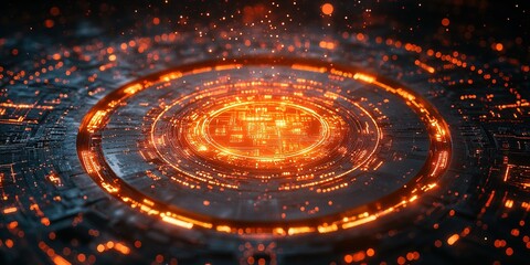 Poster - Glowing circular pattern with intricate details Illuminating a dark surface in a futuristic setting