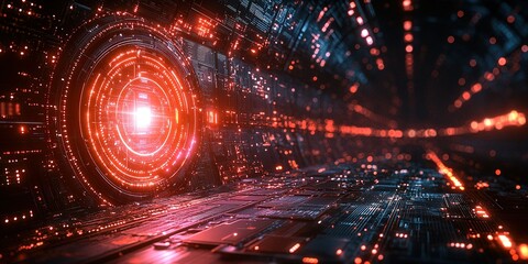 Fototapete - Exploration of a futuristic digital tunnel illuminated by vibrant lights and patterns at night