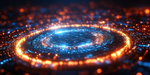 Poster - Vibrant abstract digital art depicting swirling lights and patterns in blue and orange hues