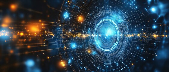 Fototapete - Futuristic digital landscape showcasing glowing circuits and data patterns in a vibrant blue and orange color scheme