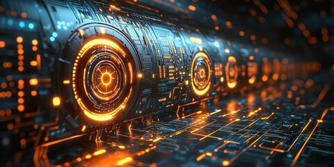 Poster - Futuristic digital environment with glowing circuitry and intricate patterns in a high-tech setting