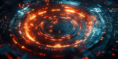Fototapete - Digital abstract design featuring glowing orange circuitry patterns and futuristic elements in a tech-inspired setting