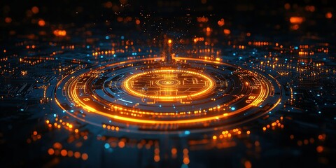 Poster - Vibrant digital circuitry with glowing orange and blue lights creating an abstract technological landscape