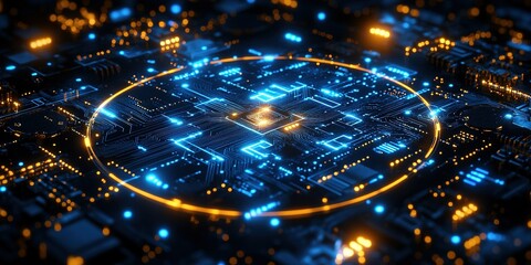 Poster - Futuristic circuit board with vibrant blue and orange glowing elements showcasing advanced technology and intricate designs