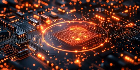 Poster - High-tech circuit board illuminated by vibrant orange lights showcasing intricate electronic components in a modern setting
