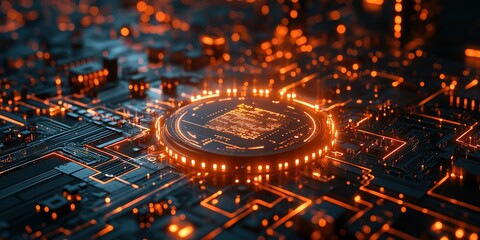 Fototapete - Intricate circuitry illuminated by glowing orange lights in a futuristic technology setting