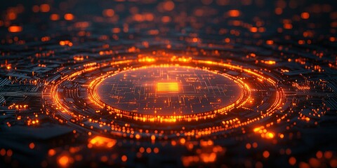 Fototapete - Intricate digital circuitry glows in vibrant orange hues, showcasing advanced technology in a modern design