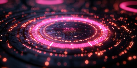 Poster - Vibrant circular digital network with glowing lights and patterns at night