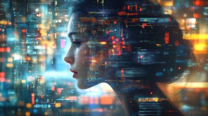 Poster - digital dreamscape: a woman's silhouette merges with a glittering technological metropolis