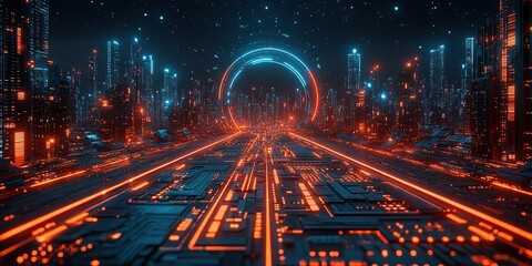 Poster - Futuristic cityscape with glowing circuit paths and vibrant blue and orange lights at night