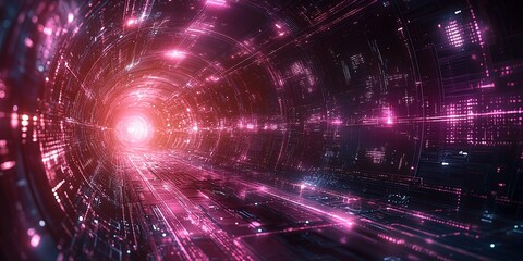 Fototapete - Colorful digital tunnel with glowing lights creating a futuristic ambiance in a cybernetic landscape during a virtual journey