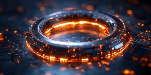 Poster - Abstract digital representation featuring a glowing circular design on a circuit board background with luminous particles