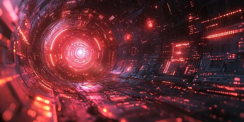 Poster - Vivid luminescent tunnel with intricate digital patterns and a central light source at dusk