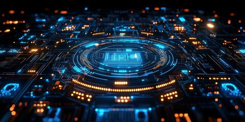 Fototapete - Digital circuit board design with blue and orange lights creating a futuristic technology atmosphere