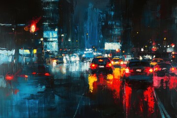 Poster - Nighttime Cityscape with Blurred Traffic Lights and Cars . A vibrant city street at night, illuminated by streetlights, with taxis and cars navigating through the bustling scene.