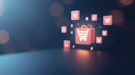 Poster - A vibrant digital shopping cart representation surrounded by various shopping icons, symbolizing online shopping and e-commerce innovation in a modern, tech-savvy environment.
