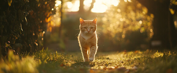 Poster - Orange Tabby Cat Strolling Through a Sunlit Garden Pathway, Representing Nature, Curiosity, and Serenity