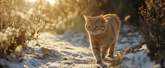 Poster - Orange Tabby Cat Walking on a Snowy Path in the Golden Hour, Representing Tranquility, Curiosity, and Nature's Serenity