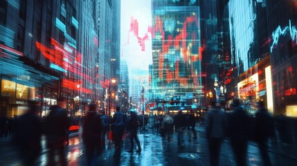 Poster - Immersive data visualization of financial market trends and stock prices projected onto skyscrapers in a bustling city street at night, blending finance with urban life