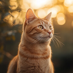 Poster - Close-up Portrait of a Ginger Cat in Golden Sunset Light, Symbolizing Tranquility, Warmth, and Nature's Beauty