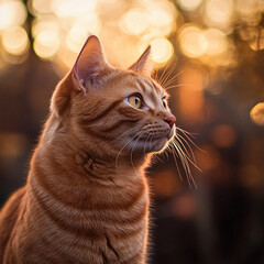 Poster - Close-up Portrait of a Ginger Cat in Sunset Light, Symbolizing Serenity, Warmth, and Natural Beauty