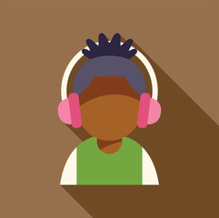 Wall Mural - Young dark skinned man wearing headphones enjoying music, simple flat design illustration with long shadow