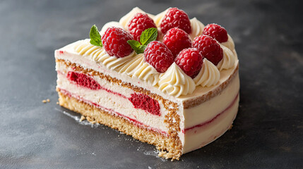 Wall Mural - Raspberry mousse cake slice with fresh berries on dark background. Perfect for pastry shops, dessert menus, or food photography.