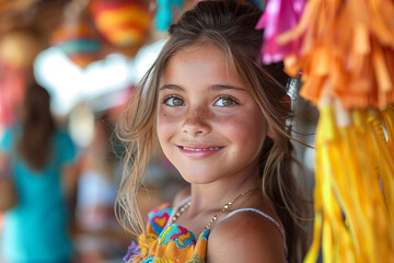 Generative AI Image of a Smiling Child in Colorful Traditional Costume at a Festive Holiday Celebration