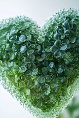 Poster - Heart Shape of Green Clover Leaves with Water Droplets, Representing Luck, Nature, and Harmony