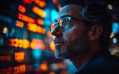 Poster - businessman overseeing futuristic exchange with holographic asset displays