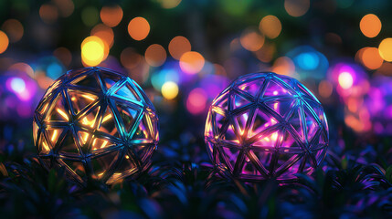 Illuminated decorative spheres with geometric patterns. Perfect for holiday decor, festive lighting, or artistic design.