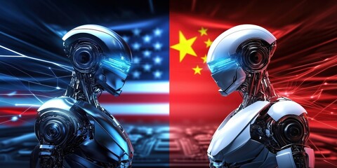 Poster - dynamic futuristic robotic figures clash american vs chinese technology showdown in a cyber environm