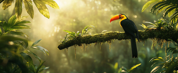 Poster - Toucan on a Mossy Branch in a Sunlit Tropical Forest, Representing Nature, Serenity, and Biodiversity