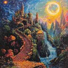 Wall Mural - A painting of a castle with a castle and a waterfall
