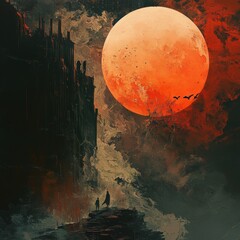Wall Mural - A painting of a large red sun with a group of birds flying around it