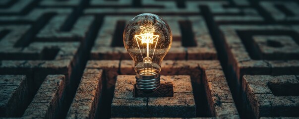 Wall Mural - a glowing light bulb placed in a maze symbolizing ideas and solutions.