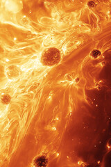 Poster - Abstract fiery orange scene with glowing spherical elements and flowing plasma-like textures, symbolizing energy, motion, and cosmic phenomena