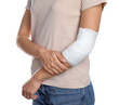 © New Africa - Woman with medical bandage on elbow against white background, closeup