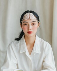 Aufkleber - Sleek Neuroprogramming Young Asian Woman, 27, Engaged with Silver Neuro-Headband and Tablet - Cognitive Enhancement for Modern Digital Wellness and Business Innovation