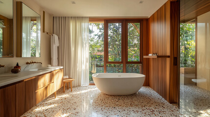 Poster - Modern luxury bathroom with a freestanding bathtub, large windows, and natural wooden accents, showcasing relaxation, spa ambiance, and contemporary interior design