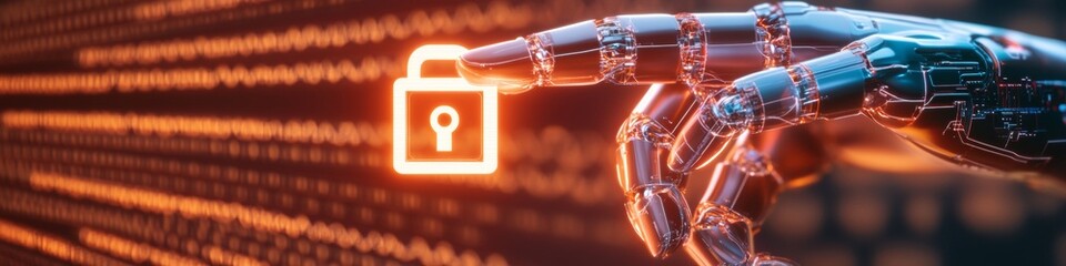 Leinwandbilder - Futuristic Cybersecurity Vision Robotic Hand with Digital Circuitry and Glowing Lock Icon - AI Safety Visuals for Advanced Tech Branding and Network Defense Strategy