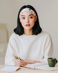 Aufkleber - Minimalist Neuro-Wellness Workspace Young Asian Woman Using Cognitive Training App with Sleek Neuro-Headband on Wooden Desk Modern Tech for Mental Optimization and Business Focus