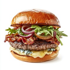 A juicy blue cheese and bacon burger with caramelized onions and arugula, isolated white background, hyperrealism art style