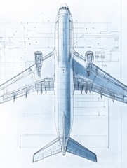 Fototapete - Technical blueprints showcasing an airplane design with detailed engineering specifications and layout plans. Generative AI