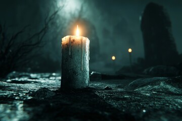 Poster - A Gothic depiction of a half-melted candle in a vast, shadowy room, its light insufficient to reveal the dark corners