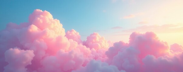 Soft pink clouds float above a bright blue sky with a subtle hint of yellow and orange hues, soft focus, rainbow, nature