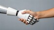 © nomi - This image shows a close-up of a handshake between a robotic hand and a human hand.