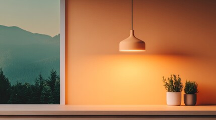 Poster - Nature-Inspired Smart Lighting Sleek Ceramic Pendant with Warm Glow and Wooden Counters - Modern Sustainability in Interior Design and Home Ambiance Enhancement